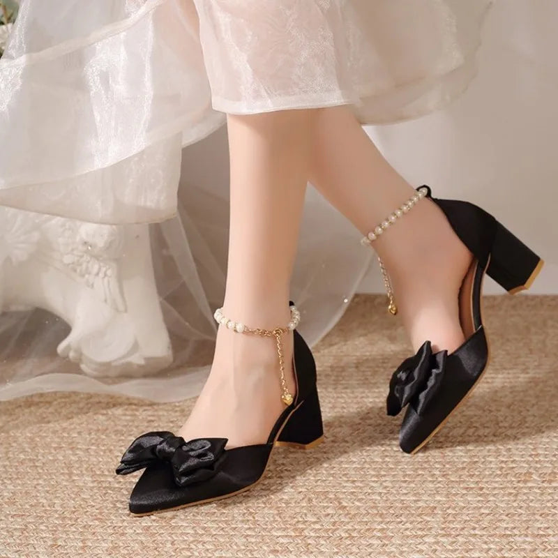 2026 New Pointed Toe Pearl French Heels Block Heel Bow Single Shoes Red Wedding Shoes