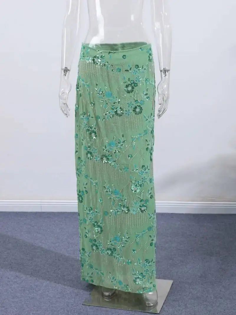 Sexy Beading Sequined Long Skirt Women Solid Low Waist Slim Straight Skirts Female Summer Lady Chic Beach Vacation Clothes JO6M