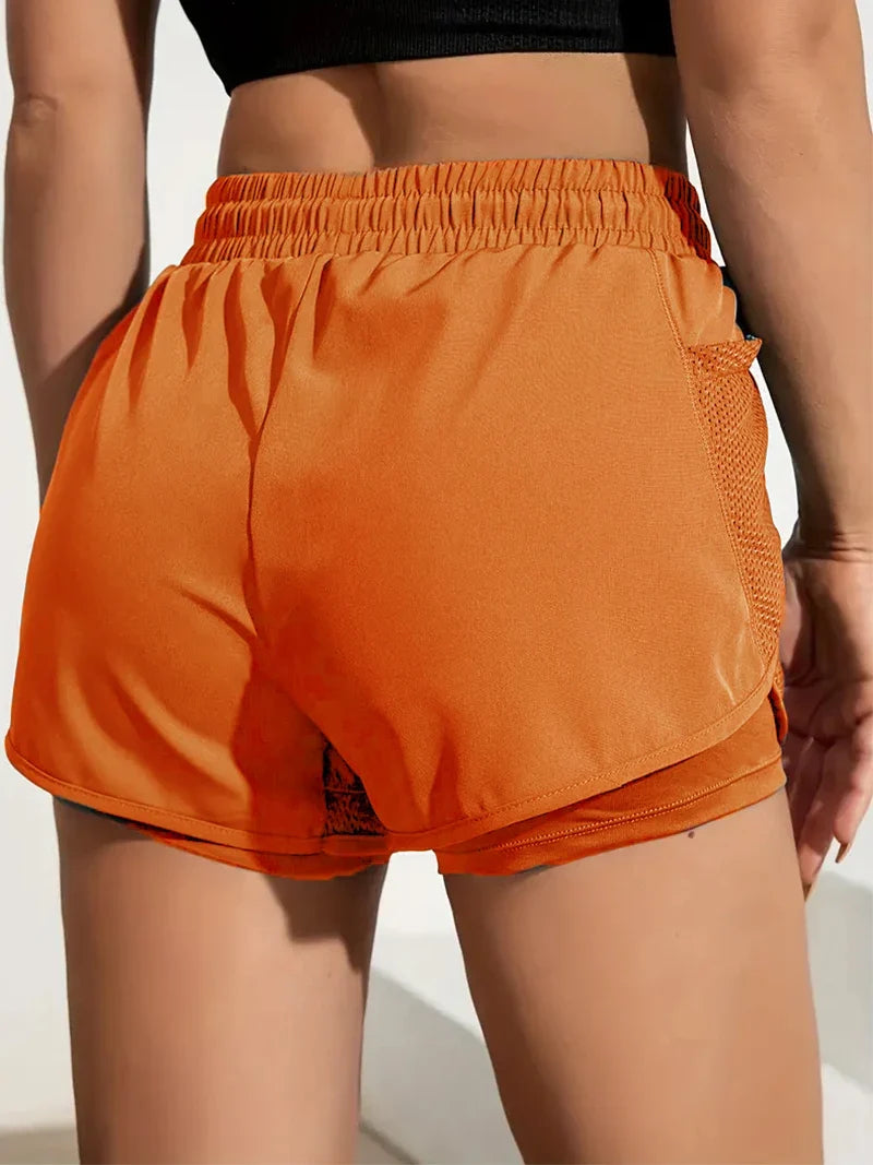 Women's Elastic Sports Shorts, Shorts With Pockets, Fake Two-Piece Yoga Leggings Running And Training