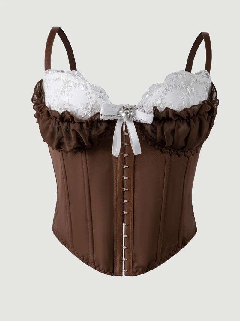 Sexy Top Mesh Lace Patchwork Cotton Hot Girl Fishbone Strap High-end Wear Top For Women Bowknot Pure Desire Vest Charming PWGG
