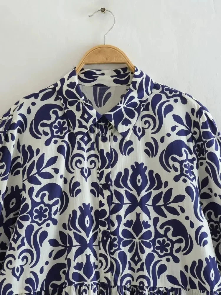 Foridol Blue Flower Print Vintage Casual Shirt Dress Women 2025 Single Breasted Loose Boho Maxi Long Vestidos Dresses Fashion