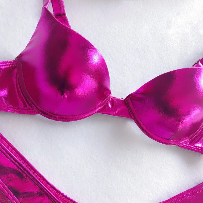 Shiny PU Faux Leather Bikini 2026 Push Up Swimsuit Women Swimwear Female Two-pieces Bikini set Bra Cup Bather Bathing Suit Swim