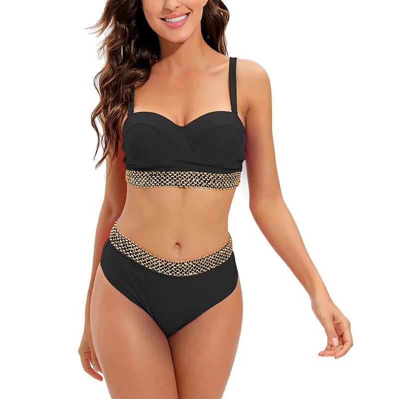 2026 Sexy Bikini Women Push Up Swimwear Swimsuit Gold Wavy Edge Patchwork High Waist Bikinis Set Bathing Suit Biquinis Feminino