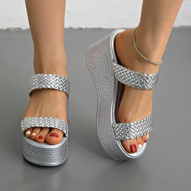 Silver Chunky Platform Slippers for Women 2026 Summer Thick Bottom Wedges Sandals Woman Plus Size 45 Woven Beach Sandles Female