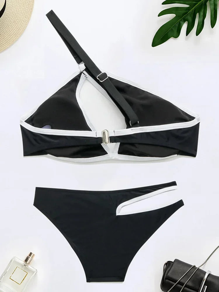 Splicing One Shoulder High Cut Out Bikini Women Swimsuit Female Swimwear Two-pieces Bikini set Asymmetric Bathing Suit Swim Lady