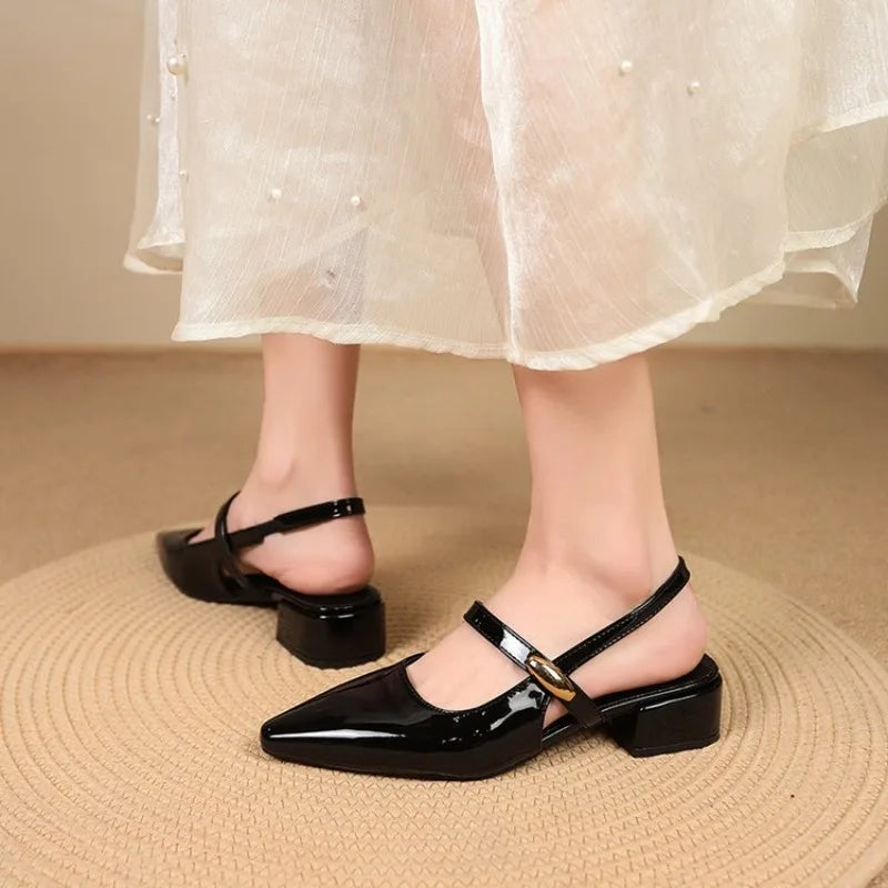 White Leather Pointed Toe Low Heel Heels Woman Shoes Pumps Fashion Buckle Strap Mules Sandals Zapatos Mujer
