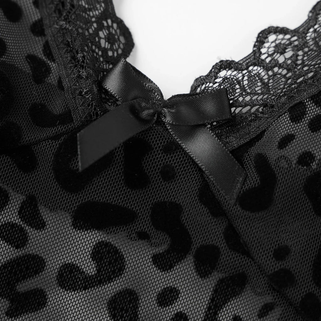 Women's Sheer Lingerie Set Romantic Leopard Print Sleeveless Deep V Neck Babydoll Nightdress with G-String 2 Pcs Set