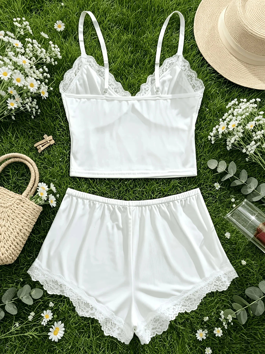 Women Sleepwear 2pcs Floral Contrast Lace Pajama Set V Neck Solid Color Bow Top & Shorts Suit Home Clothes Loungewear