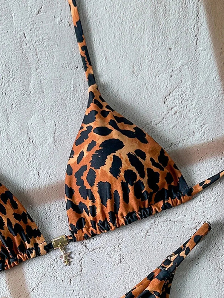 2026 Sexy Bikini 2 Piece Set Drawstring Straps Black Leopard Print Swimsuit For Women Summer New A Knot On The Chest