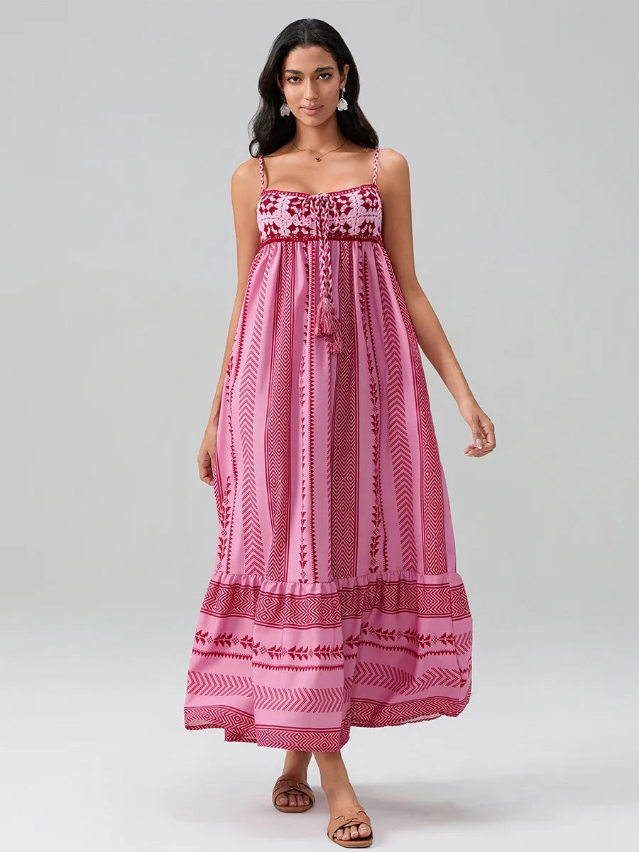 Women Summer Sleeveless Flowy Dress Geometric Print Knit Corset Ruffle A-line Long Dress Casual Party Bohemian Streetwear