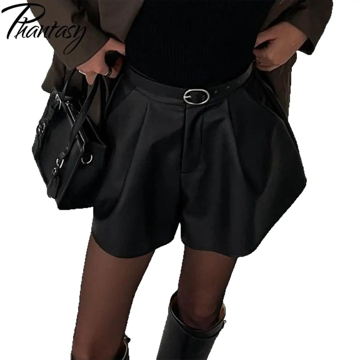 Phantasy Sexy Short Trousers Street Bottom High Waist Wide Leg Ruffles Cuff Pu Leather Shorts Fashionable Autumn Women Clothing