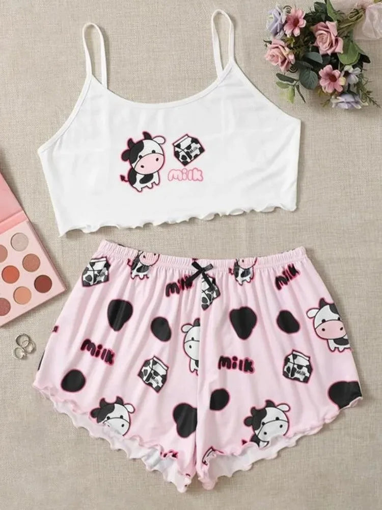 Summer Sleepwear Women's 2pcs Cute Soft Comfy Panda Print Sexy Sleeveless Shorts Homewear Pajama Set Loungewear