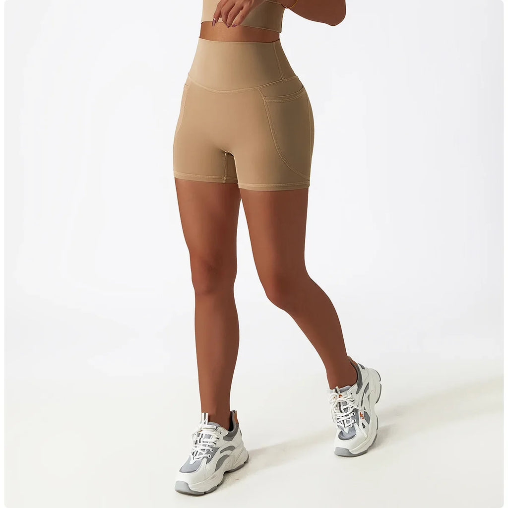 Comfortable Skin Friendly Summer High Waist Yoga Shorts Gym Hip Lift Pants Pocket Breathable Running Cycling Sports Shorts Women