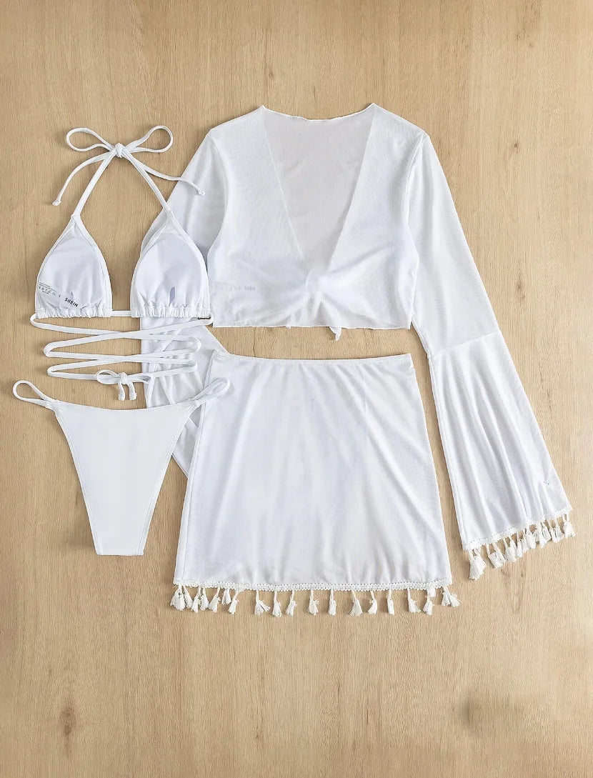 sexy 4pcs boho tassels trim bikinis sets ladies padded bikini set +cover up tops skirts beachwear bathing suit biquini monokini