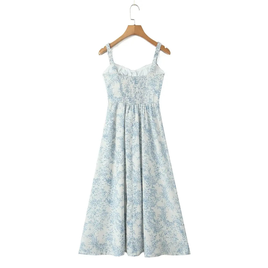 Bowknot Printed Women's Dresses Summer Casual Beach Strap Midi Dress Female Boho Light Blue Buttons Smocked Vestidos 2025