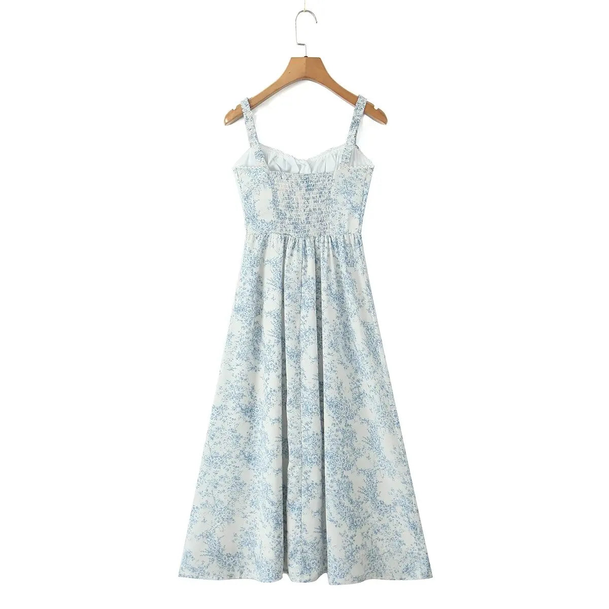 Bowknot Printed Women's Dresses Summer Casual Beach Strap Midi Dress Female Boho Light Blue Buttons Smocked Vestidos 2025