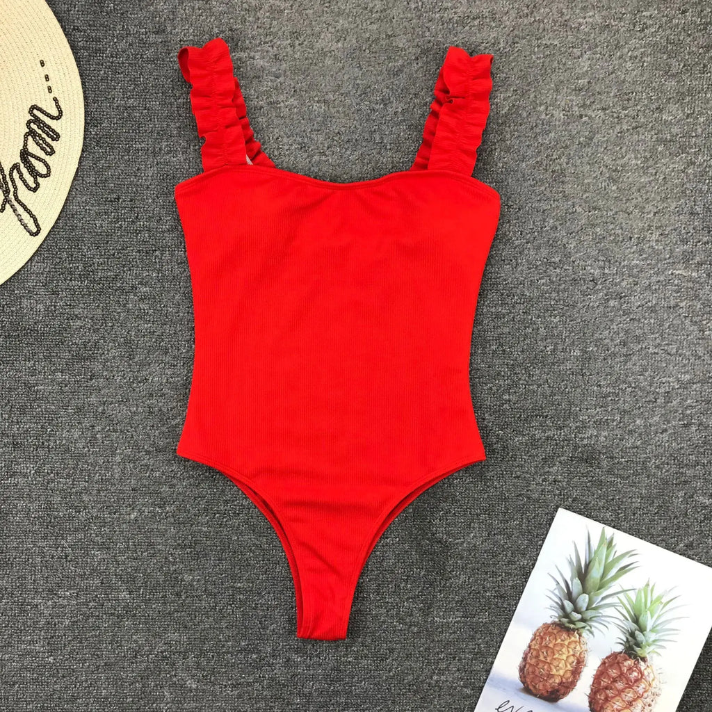 2023 Vintage Swimsuit Women One Piece Ruffle Strap Swimwear Female Push Up Monokini Padded Beach Bathing Suits Black Bodysuits