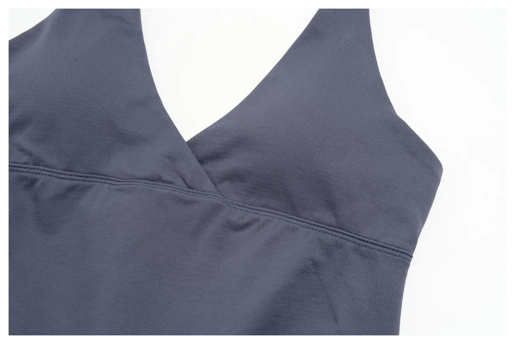 Summer Seamless Yoga Sets Women V Neck Slim Sports Tank Top Fitness Suit Peach Hip High Elasticity Leggings Running Tracksuit