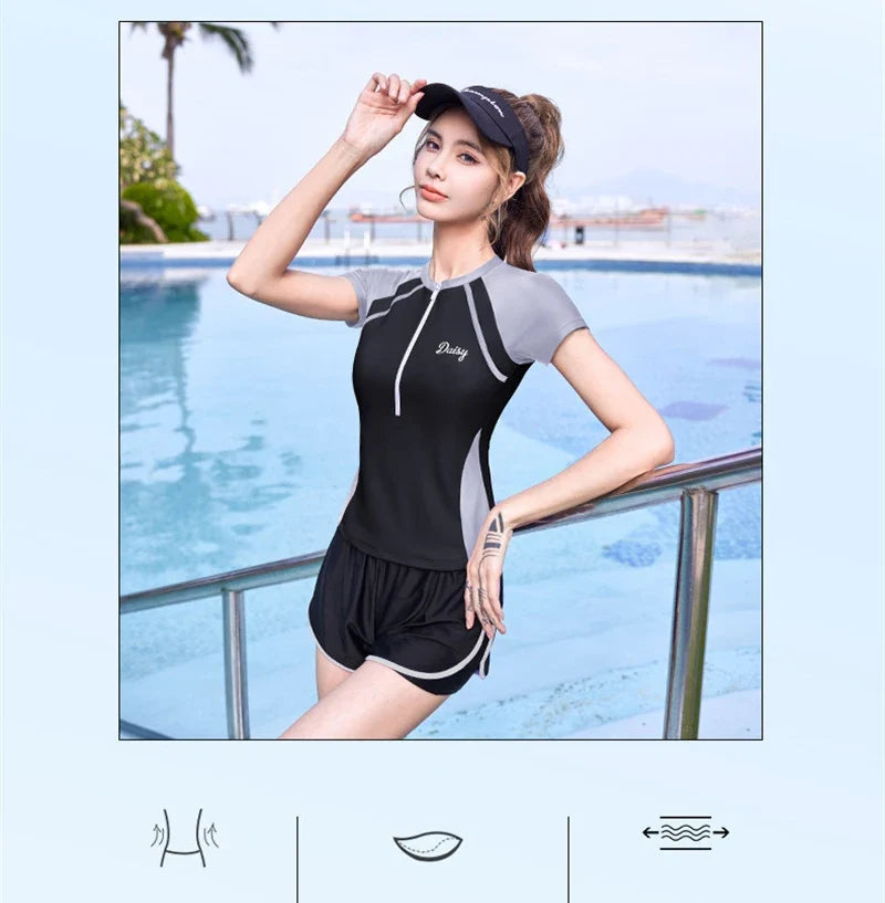 New Short Sleeve High Waist Two Pieces Swimwear Women Swimsuit Hot Spring Surf Bathing Swimming Suit Female Beach Wear