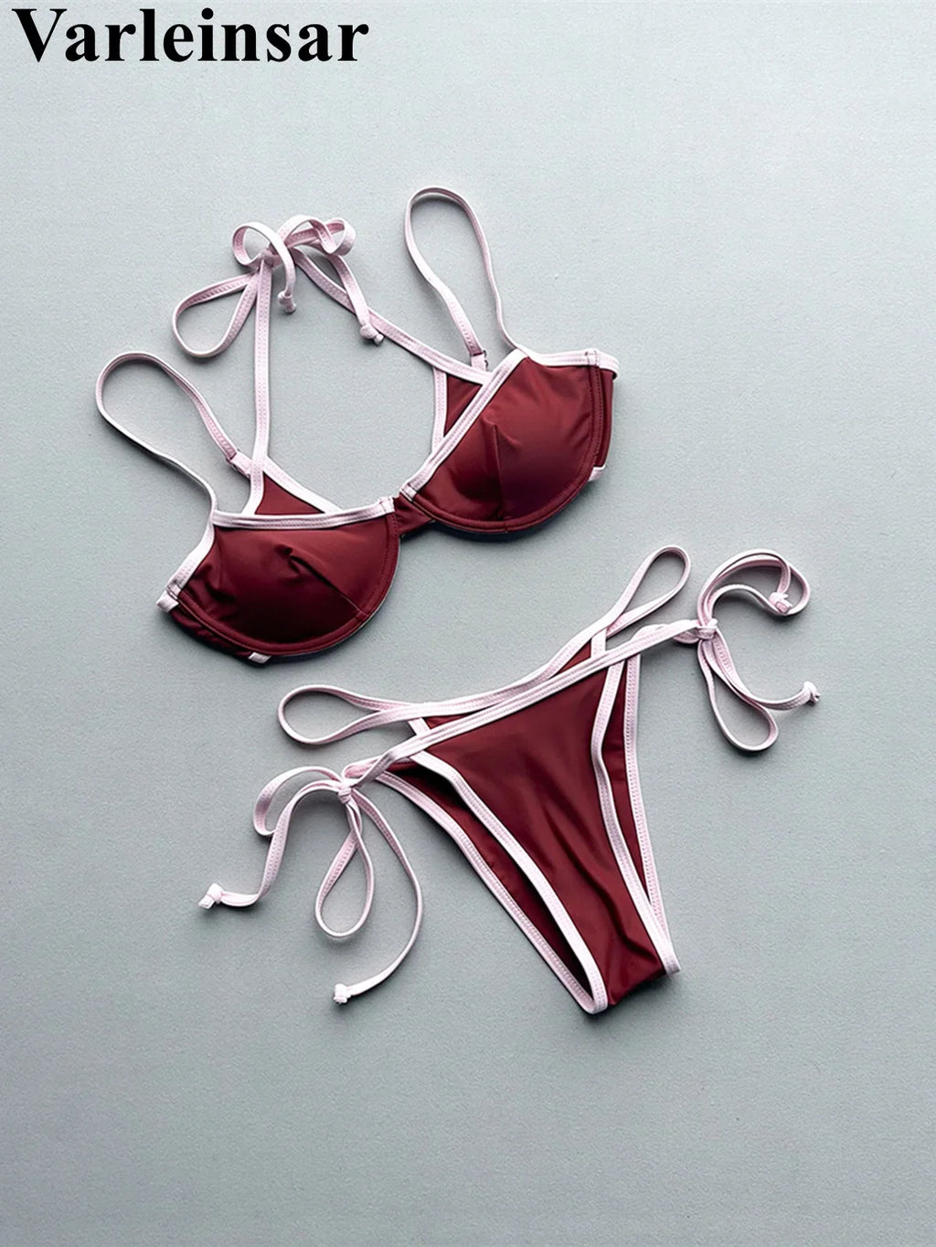 Halter Splicing Bikini Female Swimsuit Women Swimwear Two-pieces Bikini Set Underwired Strappy Bather Bathing Suit Swim V8173
