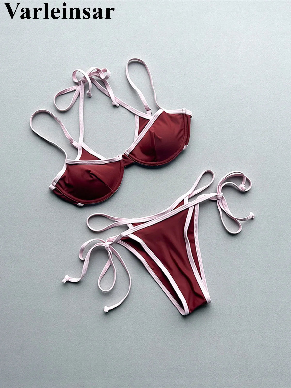 Halter Splicing Bikini Female Swimsuit Women Swimwear Two-pieces Bikini Set Underwired Strappy Bather Bathing Suit Swim V8173