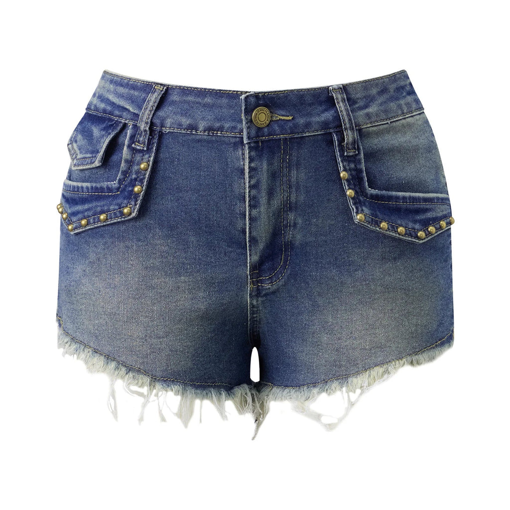 Women Denim Sexy Hot Short Pants Casual Low Waist Rivets Slim Fit Jeans Shorts Streetwear Summer