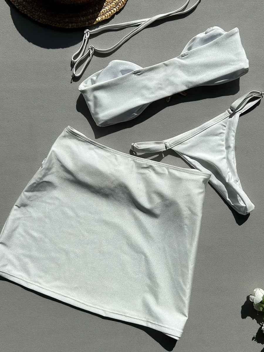 3 Pieces Starfish Thong Bikinis 2026 Solid Swimwear Female Sexy Solid Swimsuit Women & Beach Skirt Bathing Swimming Swim Suit