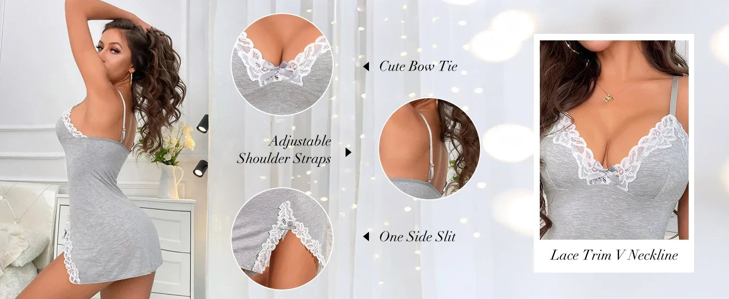 Lingerie for Women Sexy Night Gowns Lace Trim Sleep Dress V Neck Babydoll Chemise Dress Side Split Nighty