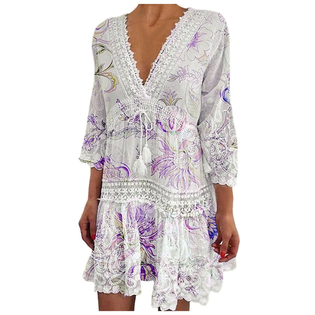 Dresses For Formal Occasions Womens Fashion V Neck Lace Jacquard Seven Quarter Sleeve Bohemian Floral Dress Sexy Beach Sundress