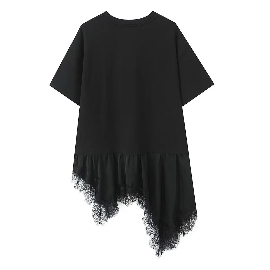 New Women's Lace Patchwork T-Shirt Top Women Lace Trim Hem T Shirt Crew Neck Short Sleeved Loose Fit Casual Solid Color Top MQ08