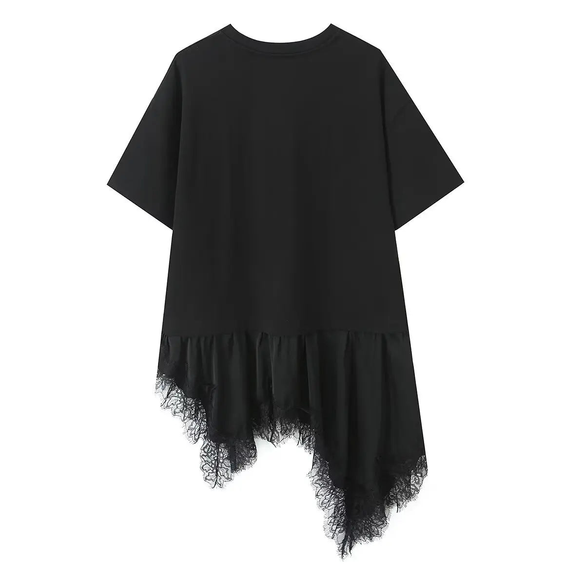 New Women's Lace Patchwork T-Shirt Top Women Lace Trim Hem T Shirt Crew Neck Short Sleeved Loose Fit Casual Solid Color Top MQ08