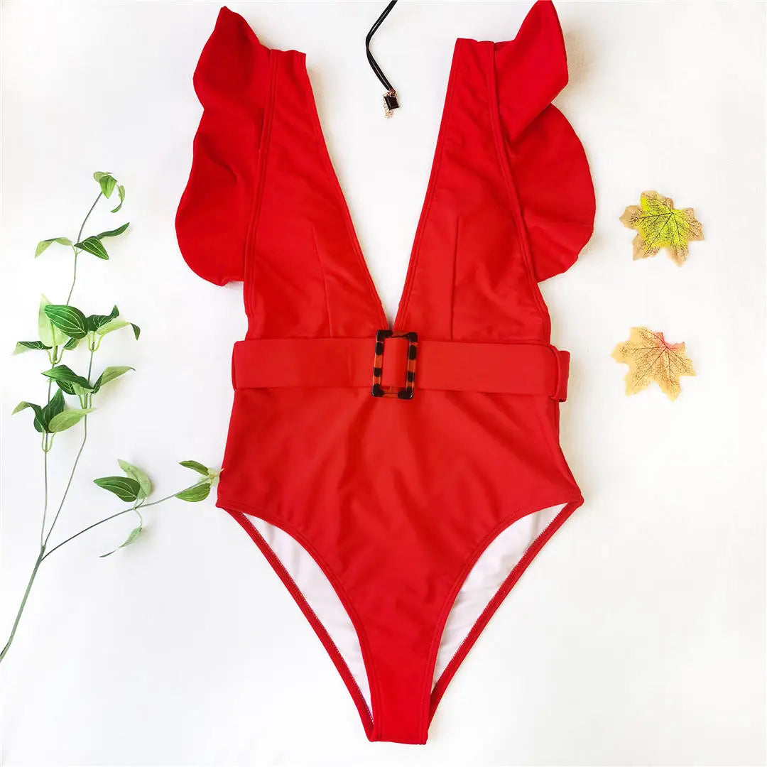 New Sexy Ruffled White Deep V One Piece Swimsuit Women Swimwear Female With Belt Monokini Bather Bathing Suit Swim Lady V2198