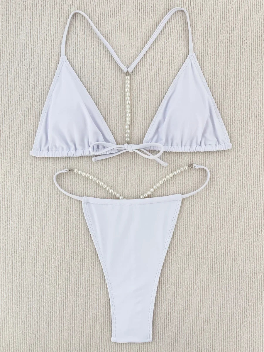 Sexy Pearl Bikinis Extreme Mini Micro String Bikini Female Swimsuit Women Thong Swimwear Two-pieces Bikini Set Bathing Suit Swim