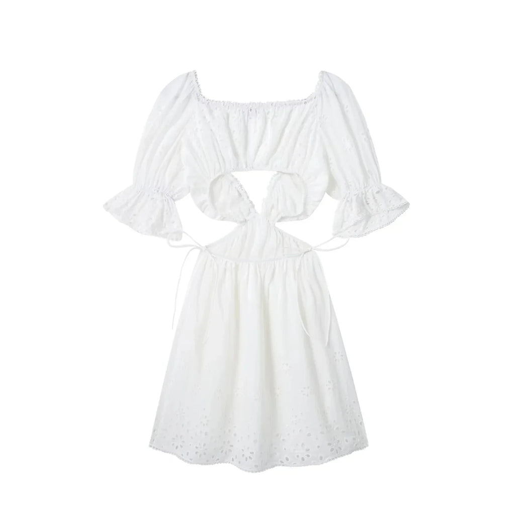 Foridol Lace Summer White Dress Women Puff Sleeve Embriodery Waist Cut Out Beach Short Sexy Cotton Dress Backless 2025 Sundress