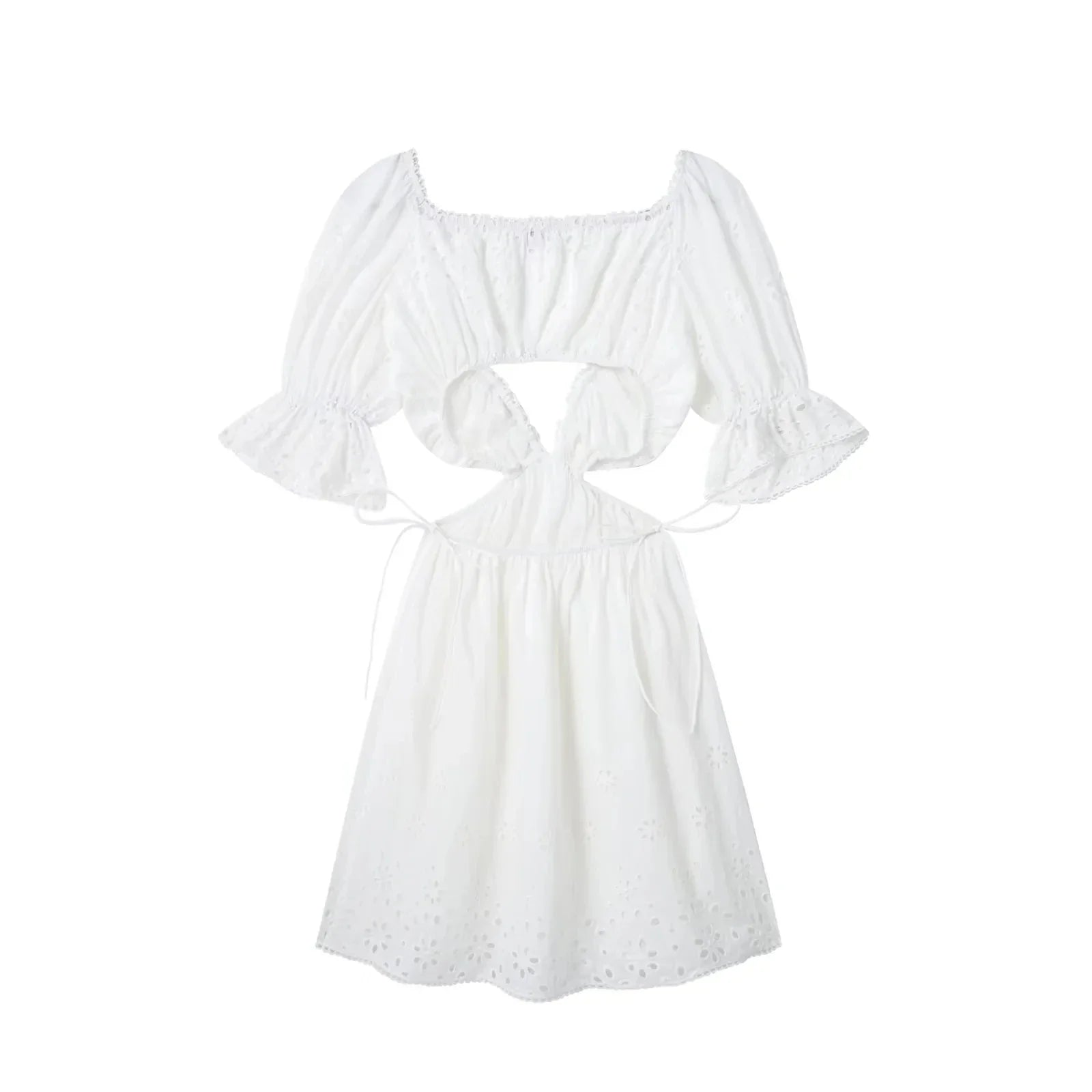 Foridol Lace Summer White Dress Women Puff Sleeve Embriodery Waist Cut Out Beach Short Sexy Cotton Dress Backless 2025 Sundress