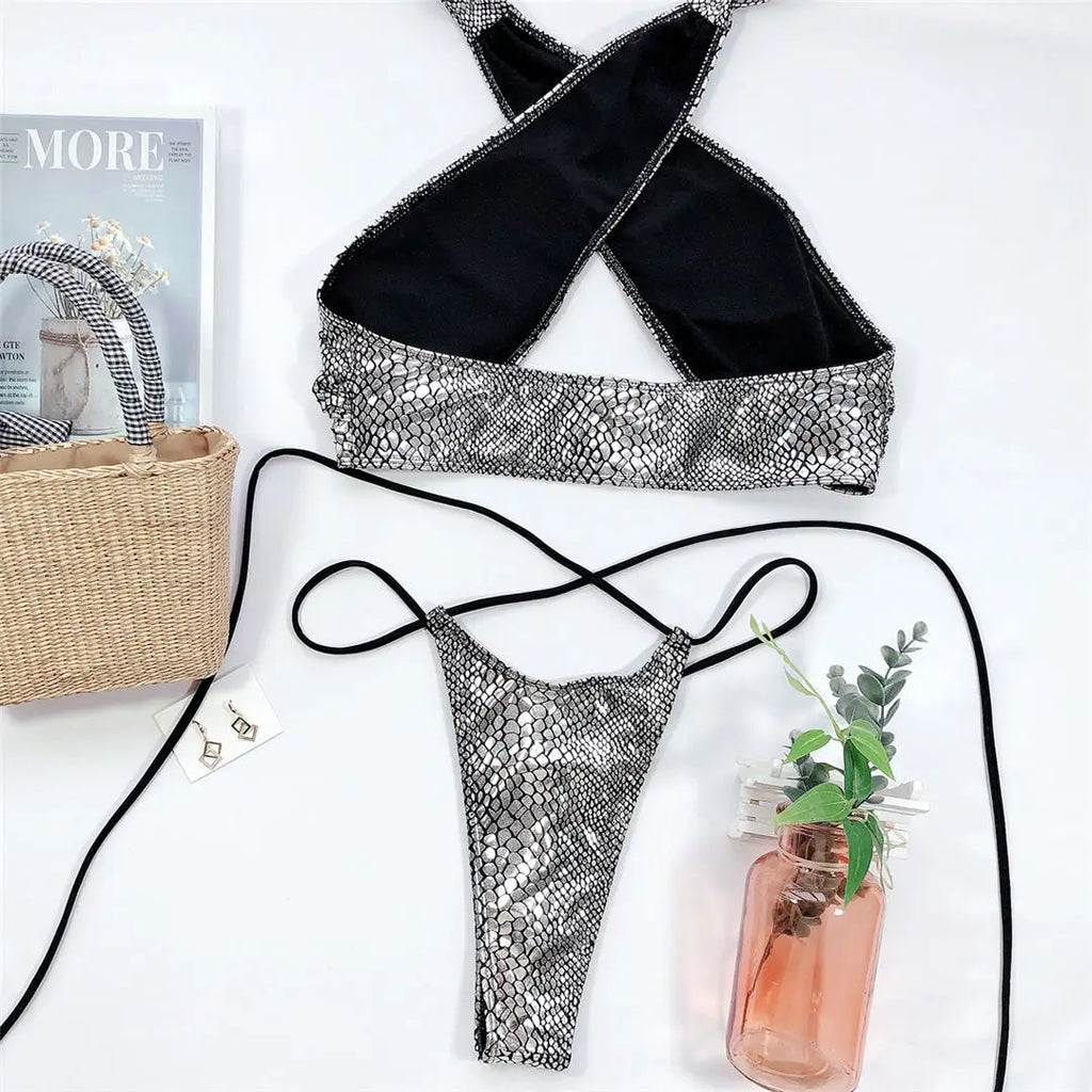 2026 Shiny Halter Thong Bikini Women Swimwear Female Swimsuit Two-Pieces Bikini Set Wrap Around Bather Bathing Suit Swim V2089