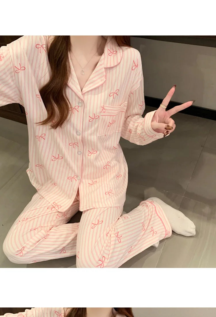 Spring Autumn New Women's Pajamas Long Sleeved Long Pants Sweet Printed 2-piece Set Casual Home Cardigan Nightgown