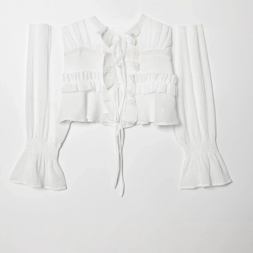 Women's Fashion Embroidered Tulle Blouse White Lace Ruffle Trim Tie Front Blouse Sleeve V Neck Casual For Women Daily Wear F4FI