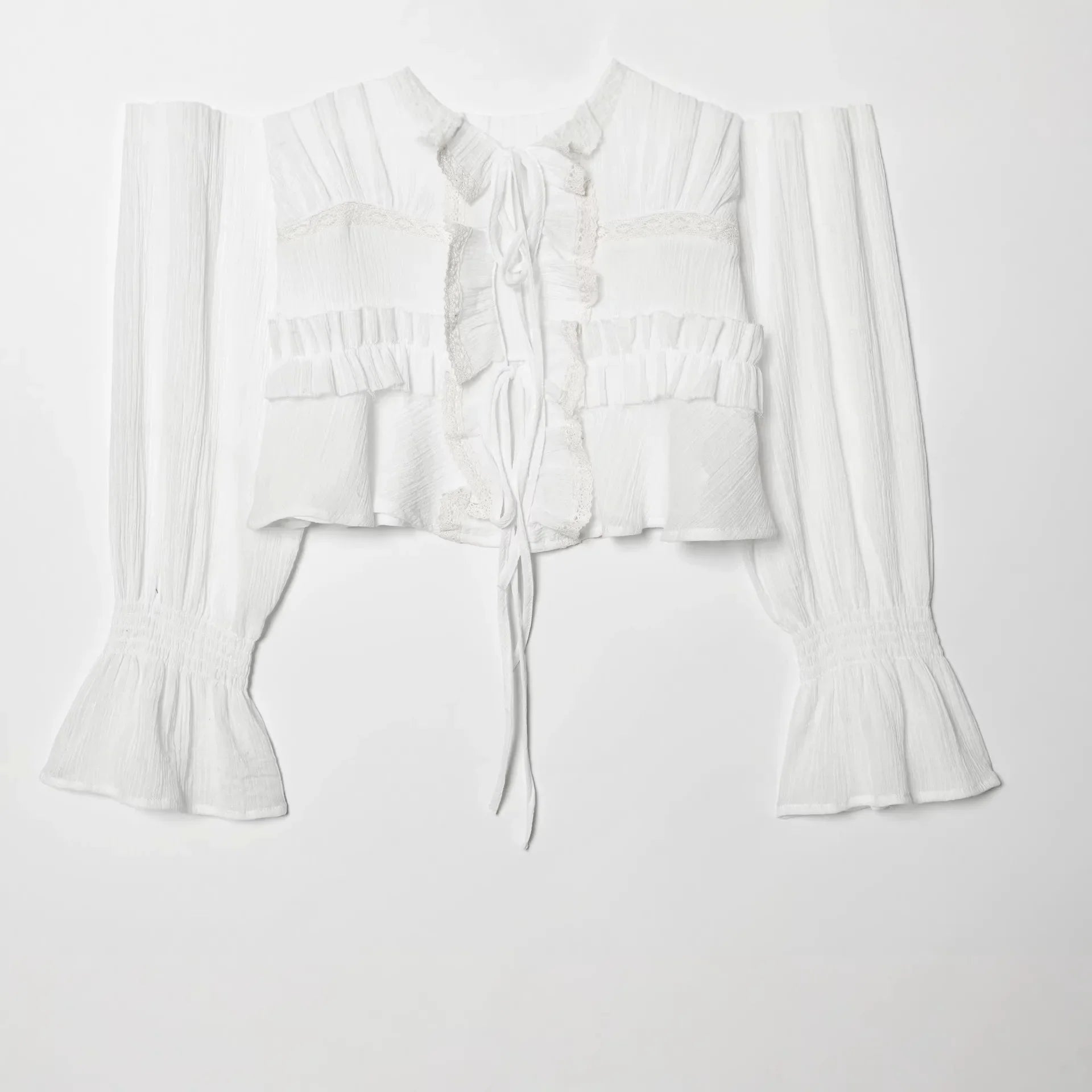 Women's Fashion Embroidered Tulle Blouse White Lace Ruffle Trim Tie Front Blouse Sleeve V Neck Casual For Women Daily Wear F4FI