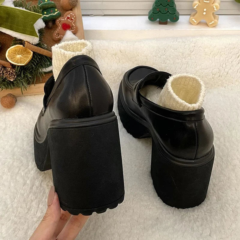 Punk Style Chunky Platform Pumps Women Black Pu Leather Super High Heel Loafers Woman Slip On Thick Heels Lolita Mary Jane Shoes