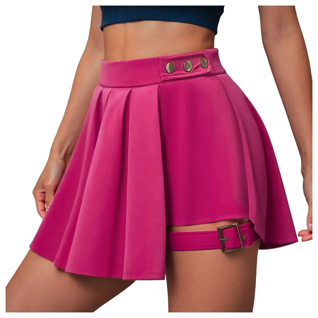 Harajuku Punk Gothic Hot Pink High Waist Mini Skirts Women Sexy Patchwork Bandage Pleated Skirt Harajuku Streetwear Ladies Skirt