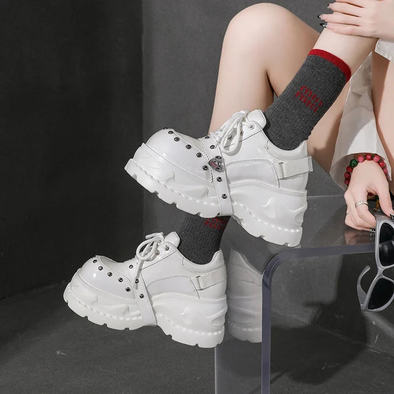2026 Chunky Platform Punk Sneakers Women Belt Decor Lace Up Thick Bottom Vulcanized Shoes Woman Heighten Rivets Goth Shoes Mujer