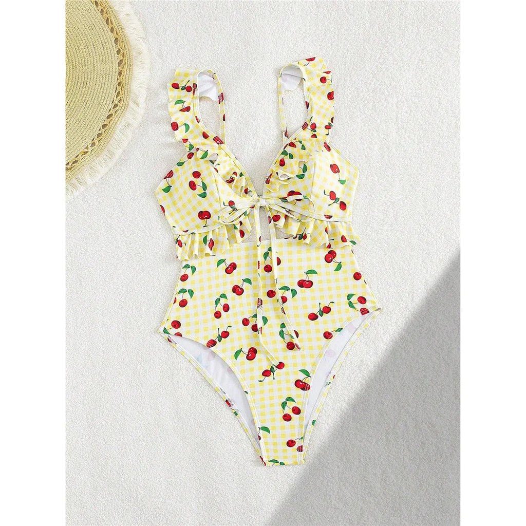 S - XL Cherry Printed Plaid Cut Out One Piece Swimsuit Women Swimwear Female Frilled High Leg Cut Bather Bathing Suit Swim V7557