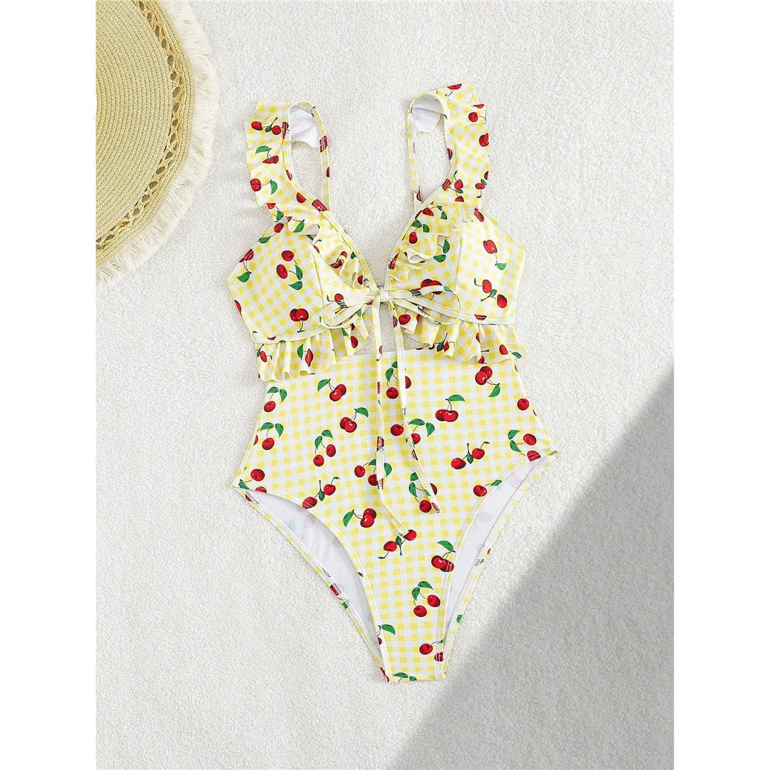 S - XL Cherry Printed Plaid Cut Out One Piece Swimsuit Women Swimwear Female Frilled High Leg Cut Bather Bathing Suit Swim V7557