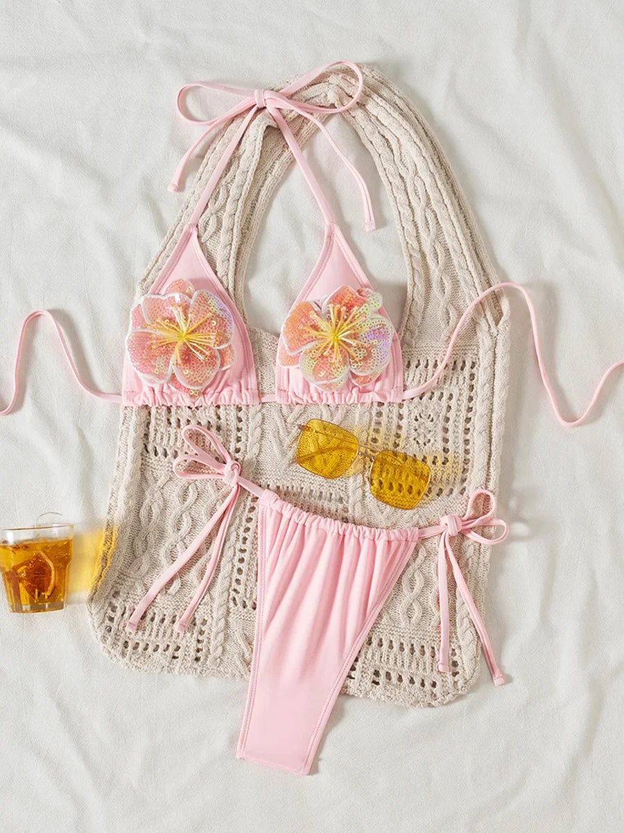 3D Flowers Halter Mini Micro Thong Bikini Female Swimsuit Women Swimwear Two-pieces Bikini Set High Cut Bathing Suit Swim Lady