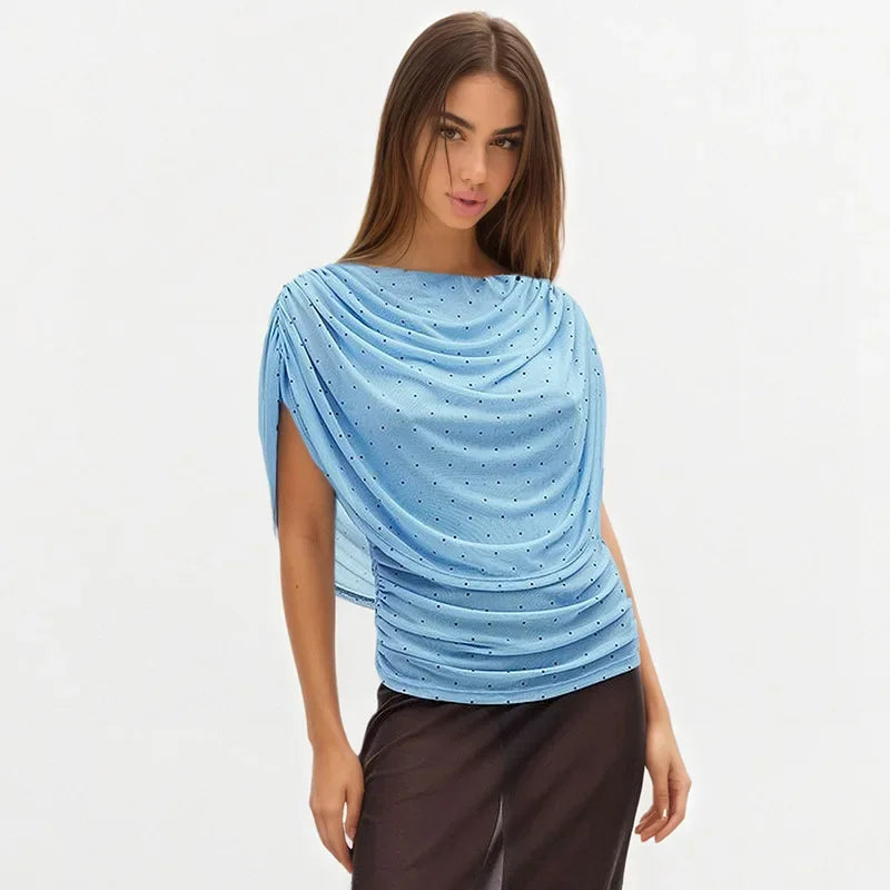 FDYOUI Women's Summer Polka Dot Print Shawl Tops High Street Ladies Fashion Sexy Folds Slim T-shirt Holiday Party Tee Shirts