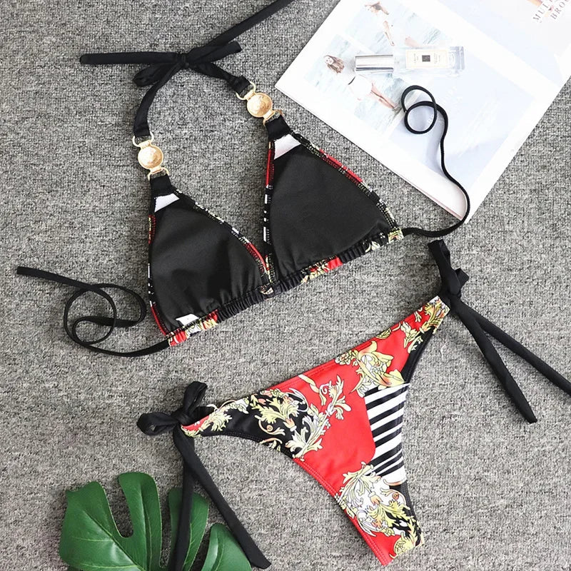 New Print Metal Halter Bikini 2025 Women Swimsuit Female Swimwear Two-pieces Bikini set Brazilian Bather Push Up Bathing Suit