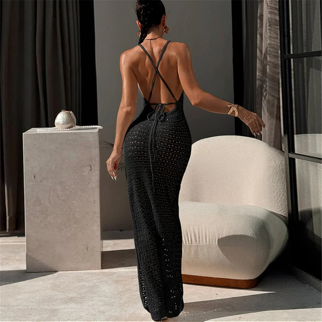 2026 Hollow Out Cross Back Crochet Knitted Tunic Beach Cover Up Cover-ups Beach Dress Beach Wear Beachwear Female Women V7505