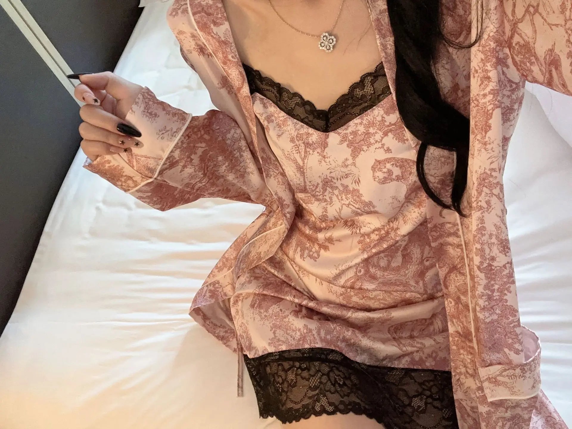 Ice Silk Sexy Pajamas Women's Spring and Autumn Suspender Lace Nightgown Robe High-end Home Clothes