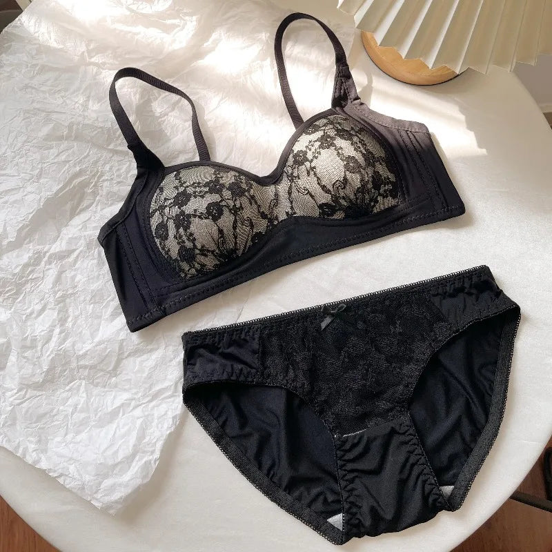 Sexy Push Up Lace Bralette Small Bust Wirefree Comfort Summer Ultra Thin Adjustable Straps Anti-Sagging Lingerie Set S-XL Bra